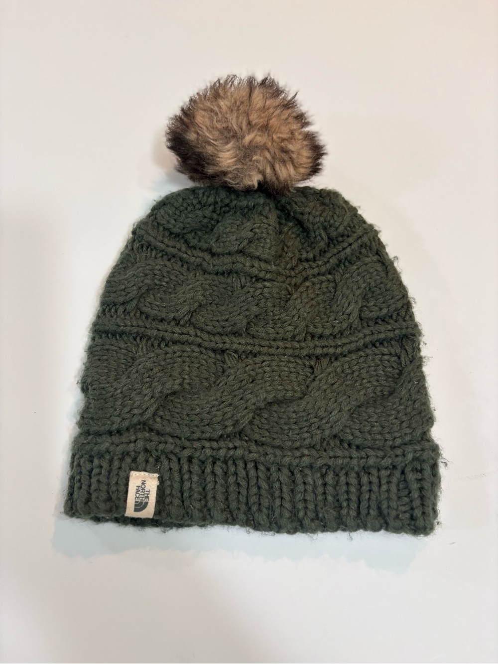 The North Face Dark Olive Cable Knit Pom Beanie